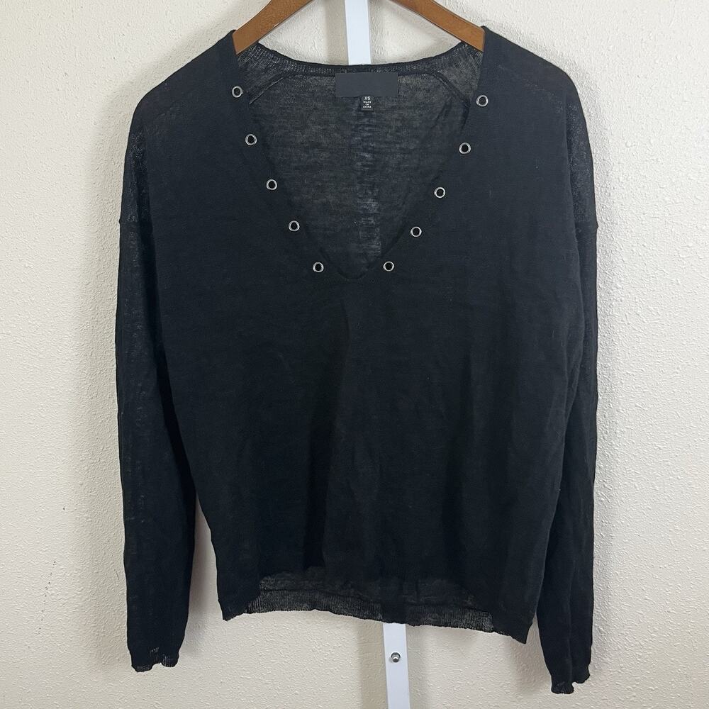 Nili Lotan Linen V-Neck Long Sleeve Top Womens XS Black Grommet Boho